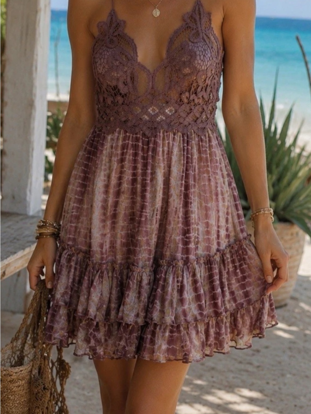Free People Lavender Lace-Trim Tiered Mini Dress
